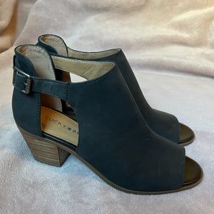 Lucky Brand Black Nubuck Leather Peep Toe Ankle Boots